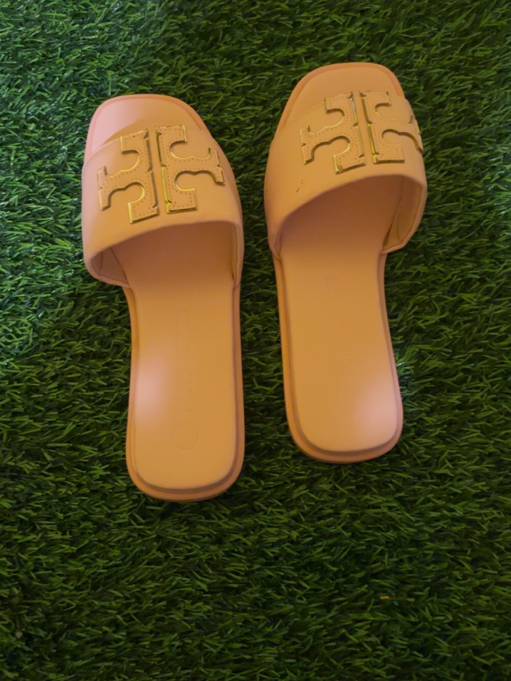 Women's Blush Pink Slide Mules with Gold Logo Accent